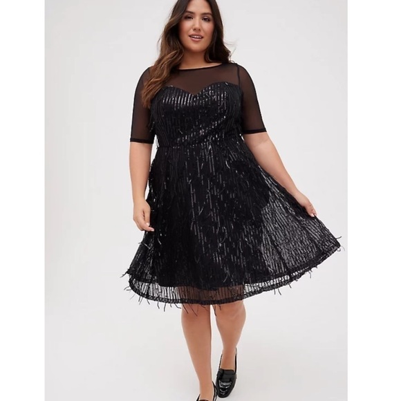 Torrid size 26 ILLUSION SLEEVE SKATER DRESS SEQUIN FRINGE BLACK - Picture 3 of 11